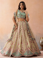 cream and sky wedding lehenga for women