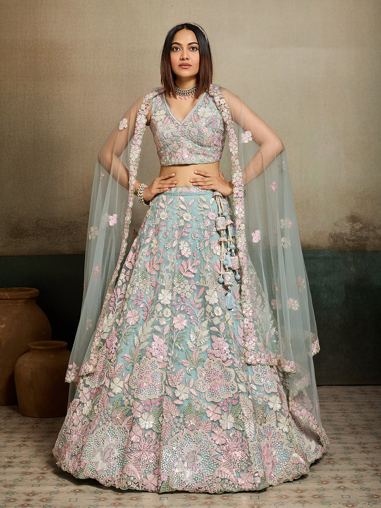 turquoise blue net fabric sequins embroidery semi stitched lehenga with unstitched blouse and dupatta