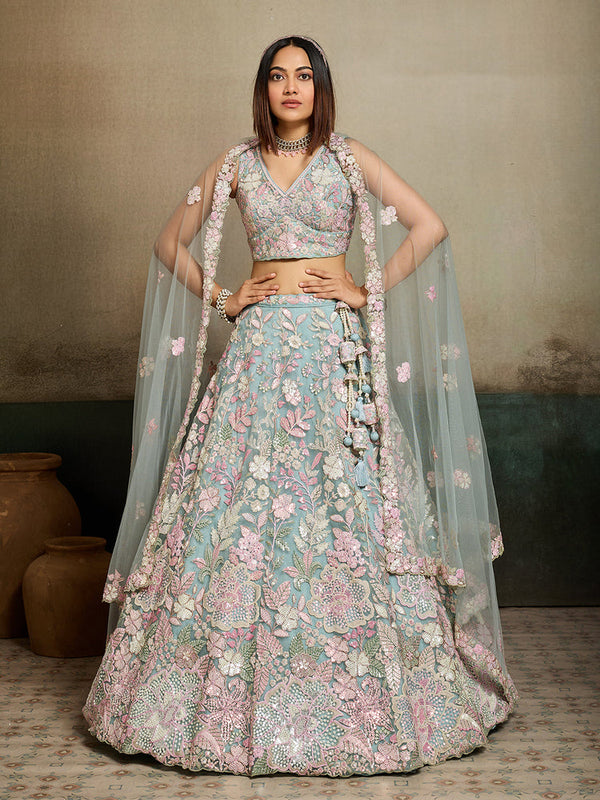 Turquoise Blue Net Bridal Lehenga Choli