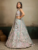 turquoise blue bridal lehenga choli in net fabric with embroidered dupatta