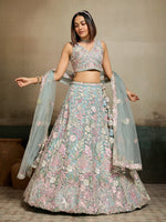 elegant turquoise blue net lehenga choli with heavy sequins embroidery