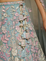premium turquoise blue embroidered net lehenga with matching dupatta