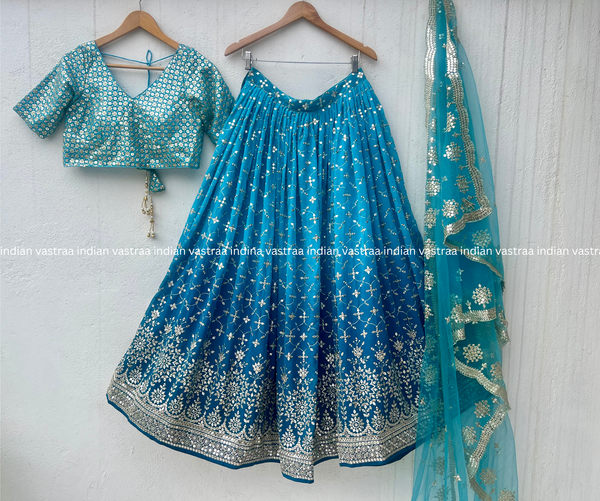Teal Blue Ombre Georgette Lehenga Choli