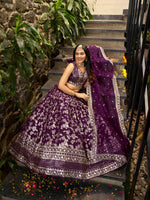 wine luxury wedding lehenga in dola silk jacquard