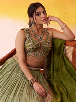 heavy embroidered lime green jacquard tissue lehenga