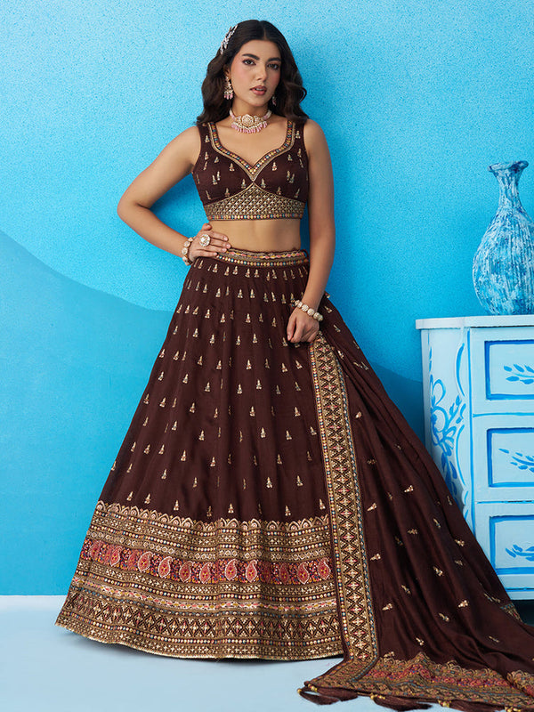 Coffee Brown Chinnon Silk Embroidered Lehenga Choli
