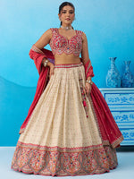 Cream & Pink Jacquard Tissue Sequins Lehenga Choli
