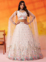 cream net fabric wedding lehenga with elegant embroidery