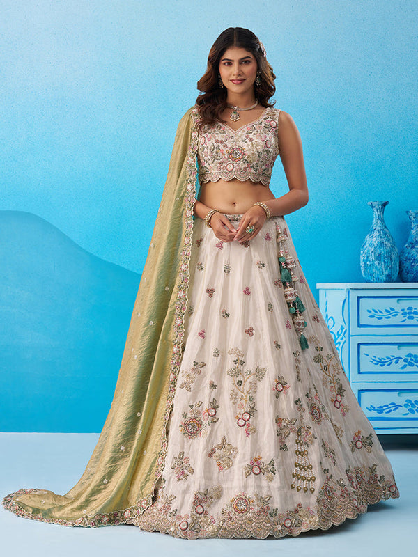 Designer Cream & Green Semi-Stitched Lehenga Choli