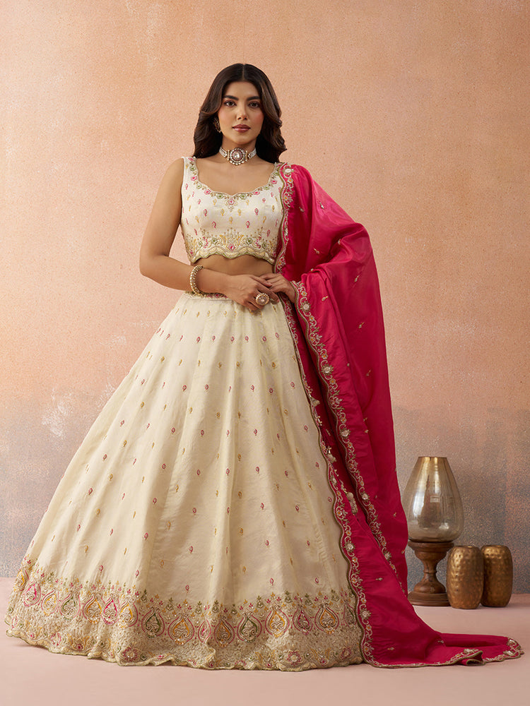 cream and pink bridal lehenga choli with embroidered dupatta