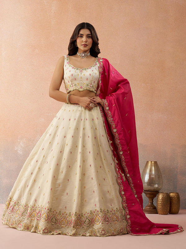 Cream & Pink Cosmos Silk Embroidered Lehenga Choli