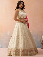 cream pink semi stitched lehenga with beads embroidery