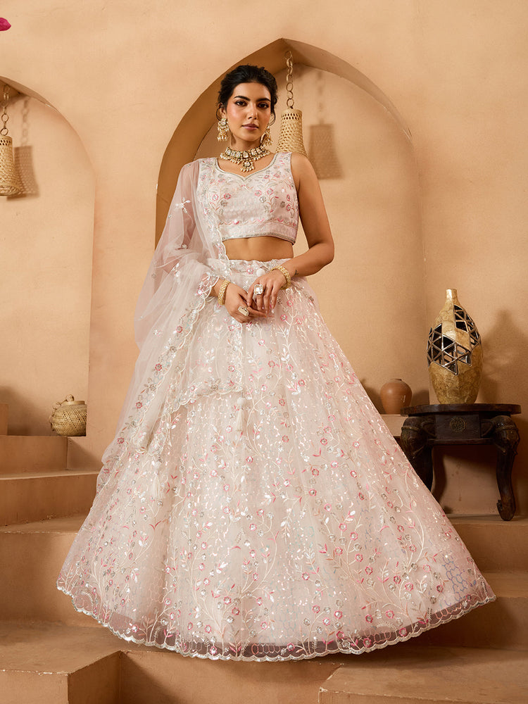 cream net fabric sequins embroidered semi stitched lehenga with dupatta