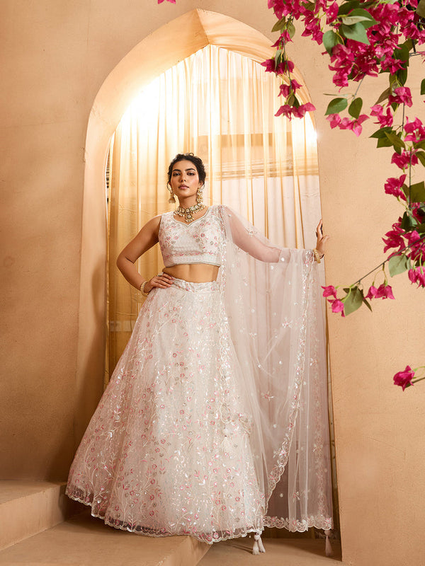 Cream Heavy Embroidered Net Bridal Lehenga Choli