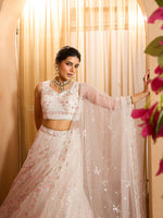 cream party wear net lehenga with embroidered dupatta