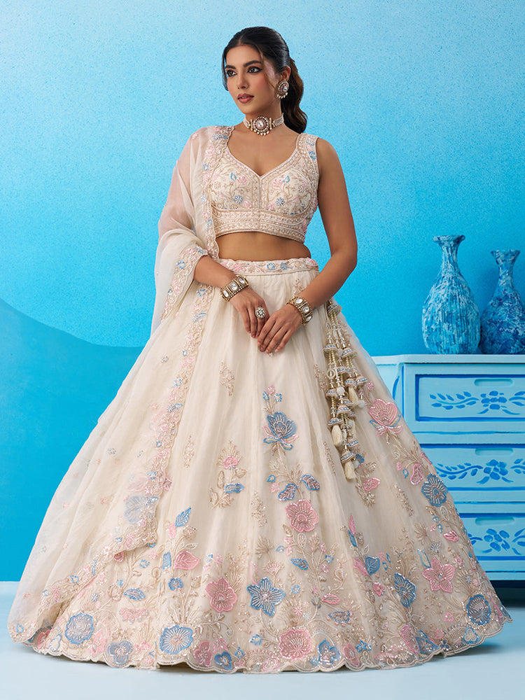 cream floral embroidery wedding lehenga set