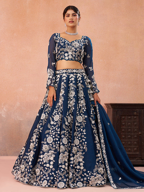 Blue Organza Sequins Wedding Lehenga Choli