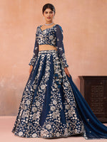 designer blue organza wedding lehenga choli for women