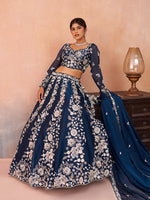 blue embroidered organza lehenga with heavy bead work