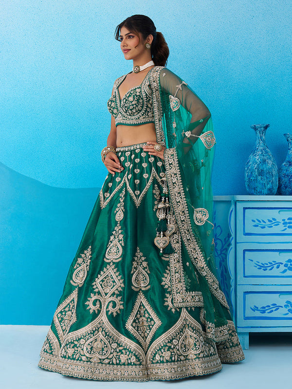 Green Ethnic Silk Lehenga Choli with Beads Work