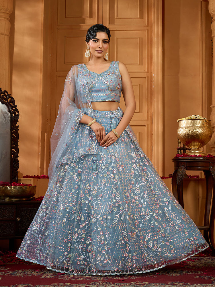 grey net fabric designer lehenga with unstitched blouse