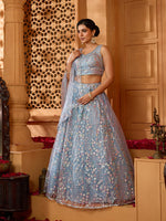 grey net fabric lehenga with elegant embroidery