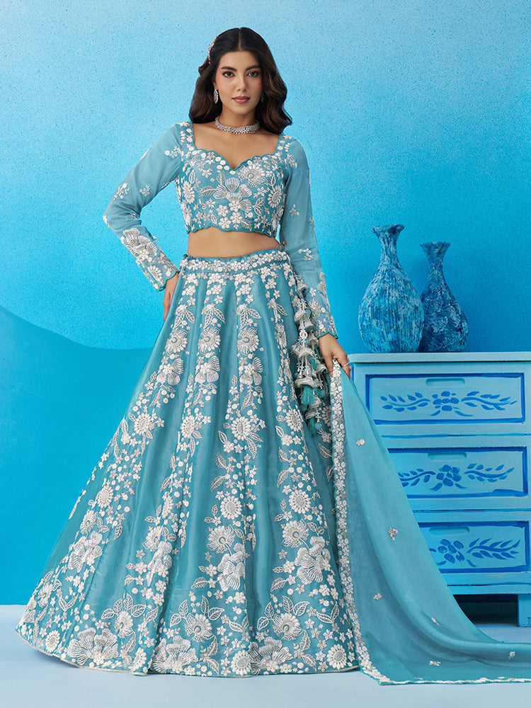 seagreen organza wedding lehenga with designer beadwork