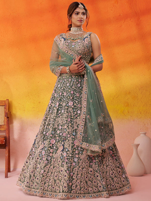 Lime Green Premium Net Embroidered Lehenga Choli