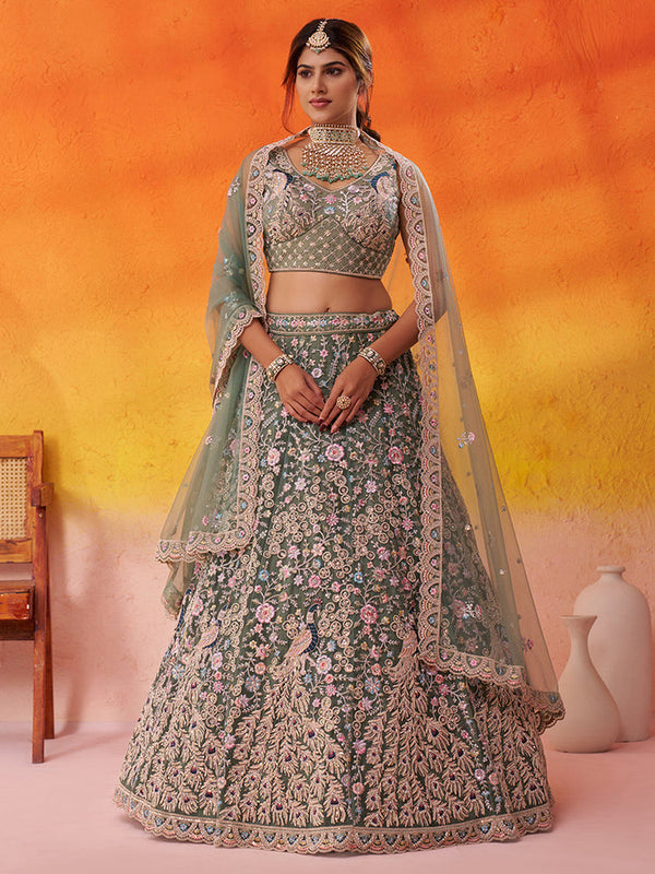 Lime Green Premium Net Embroidered Lehenga Choli