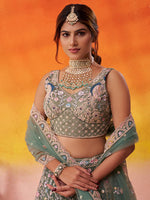 lime green semi stitched lehenga with net fabric