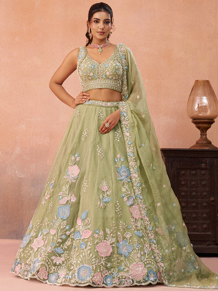 limegreen floral embroidered tissue lehenga choli for women