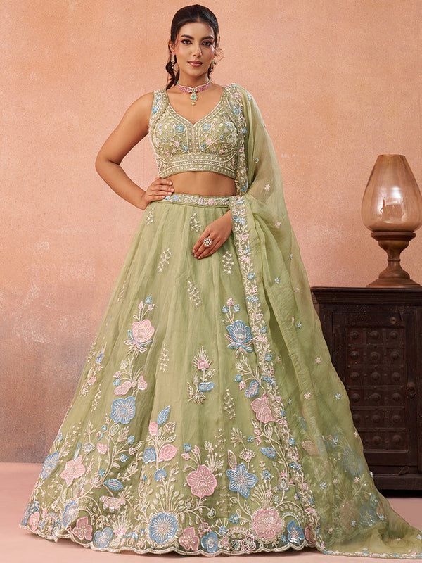 Lime Green Festive Embroidered Lehenga for Women