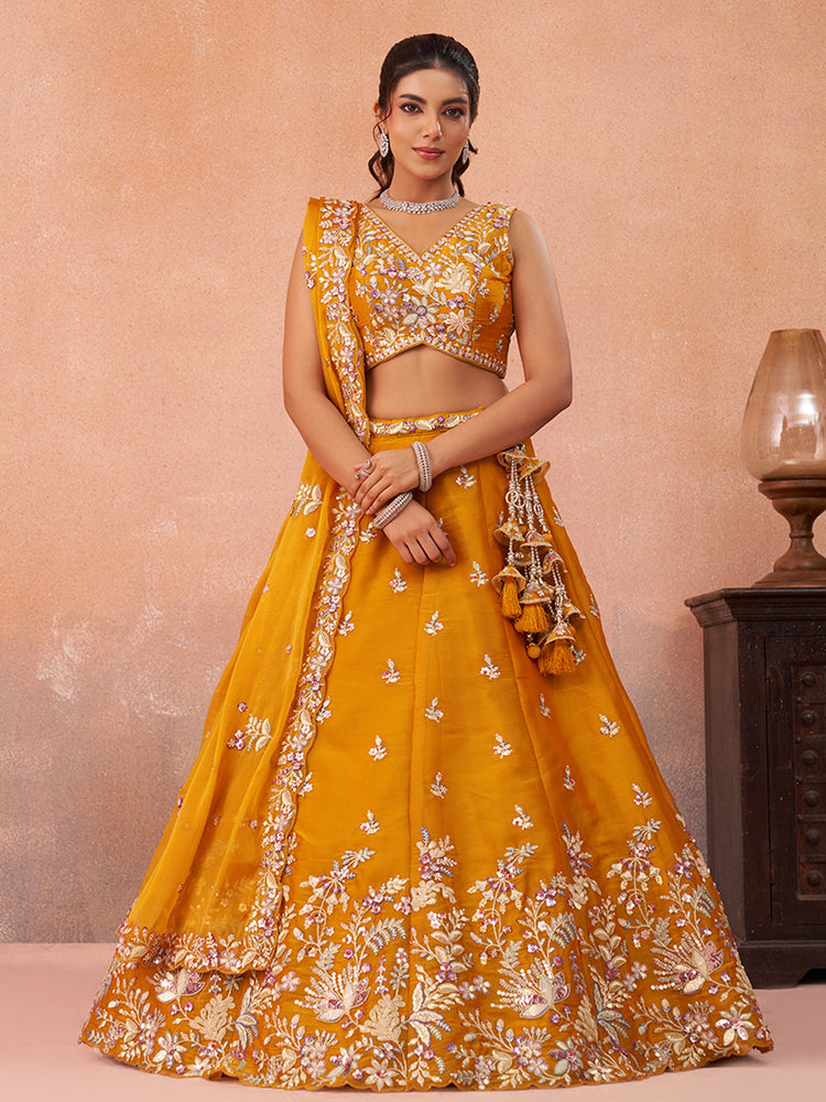 mustard premium tissue lehenga with elegant zari work