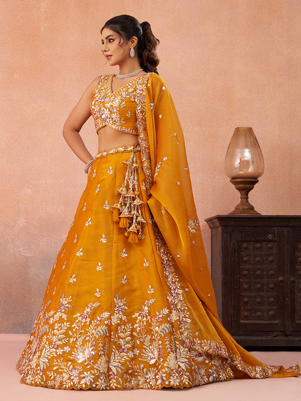 Mustard Tissue Fabric Sequins Lehenga Choli