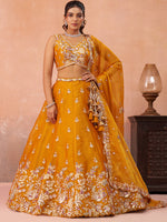 mustard party wear tissue lehenga with sequins work
