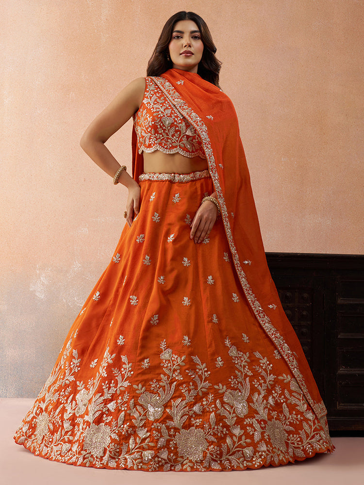 orange tissue fabric embroidered lehenga choli for women