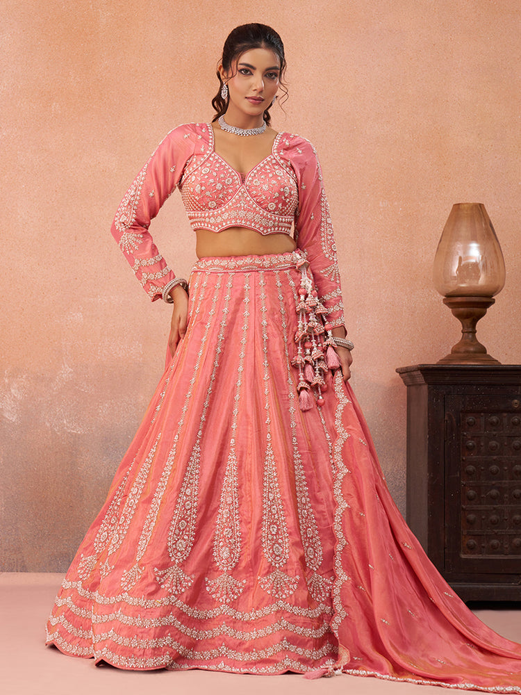 peach tissue beads and sequins embroidered semi stitched lehenga set
