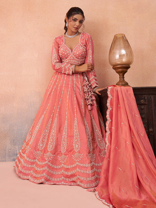 Peach Tissue Wedding Wear Embroidered Lehenga Choli