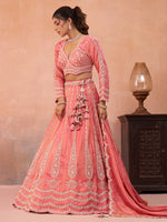 designer peach tissue bridal lehenga with sequins work