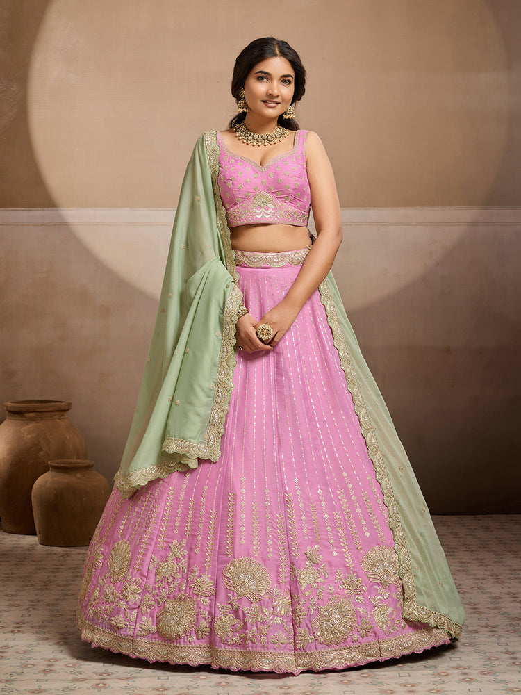 pink bridal lehenga with sequins embroidery