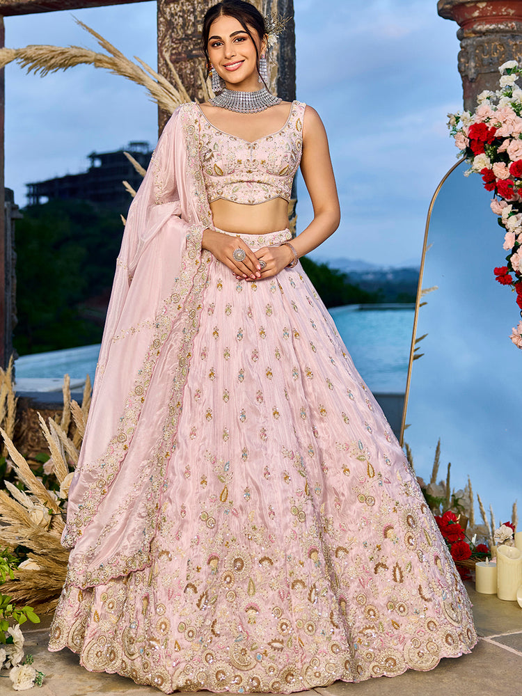 pink bridal lehenga set with embroidered tissue fabric