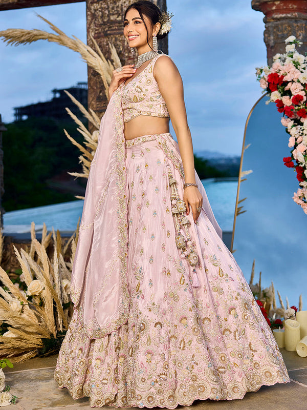 Pink Party Wear Tissue Lehenga Choli Set