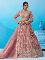 pink heavy embroidered tissue lehenga for wedding