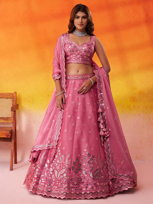 Pink Reception Wear Organza Embroidered Lehenga Choli