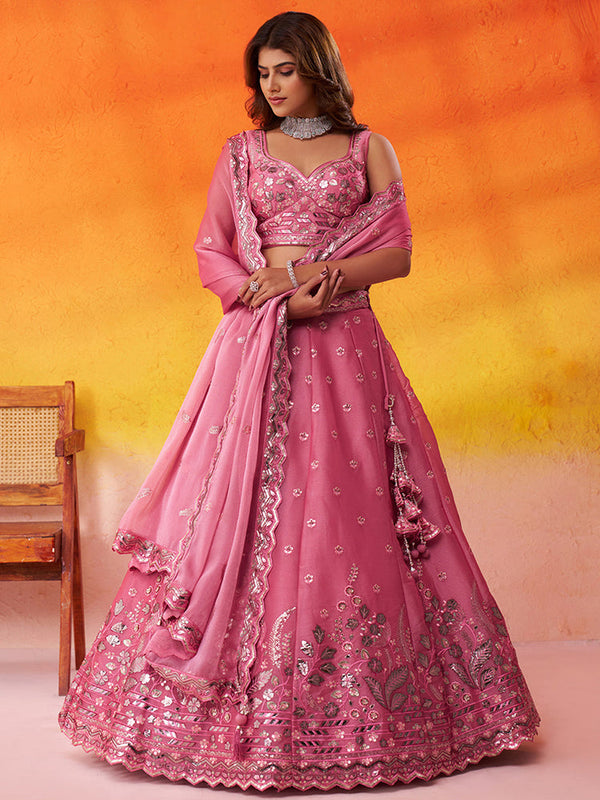 Pink Reception Wear Organza Embroidered Lehenga Choli