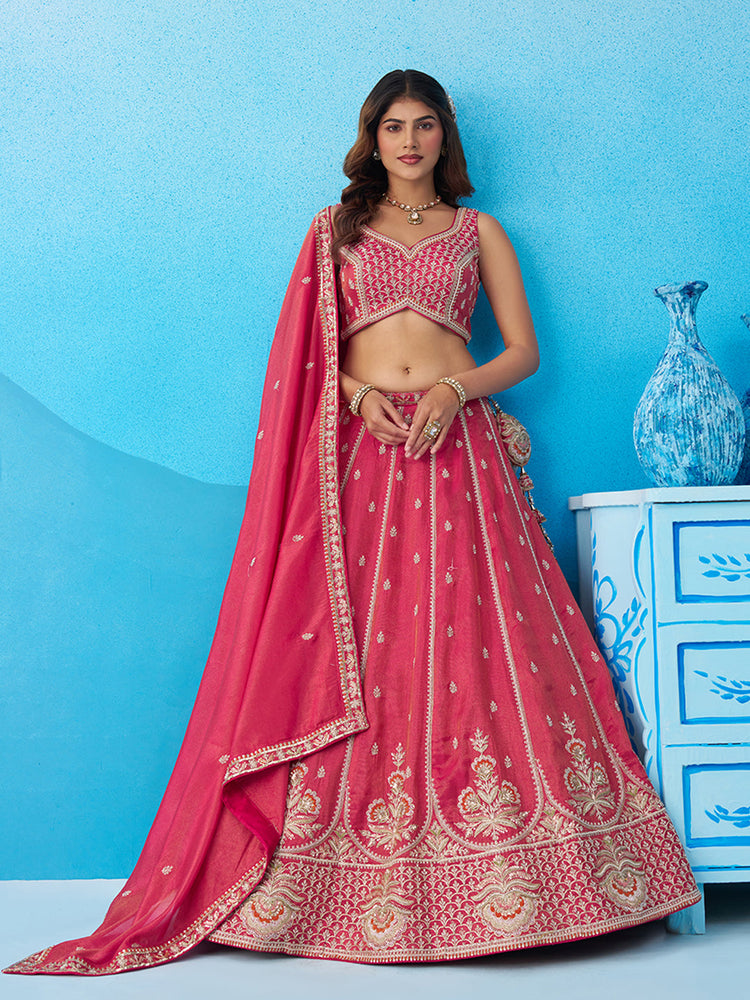 pink tissue beads and sequins embroidered semi stitched lehenga set