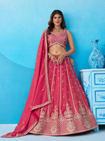 pink tissue beads and sequins embroidered semi stitched lehenga set
