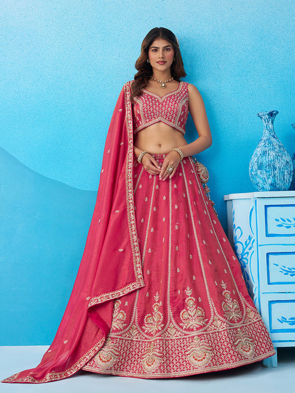 Pink Tissue Beads & Sequins Embroidered Lehenga Choli