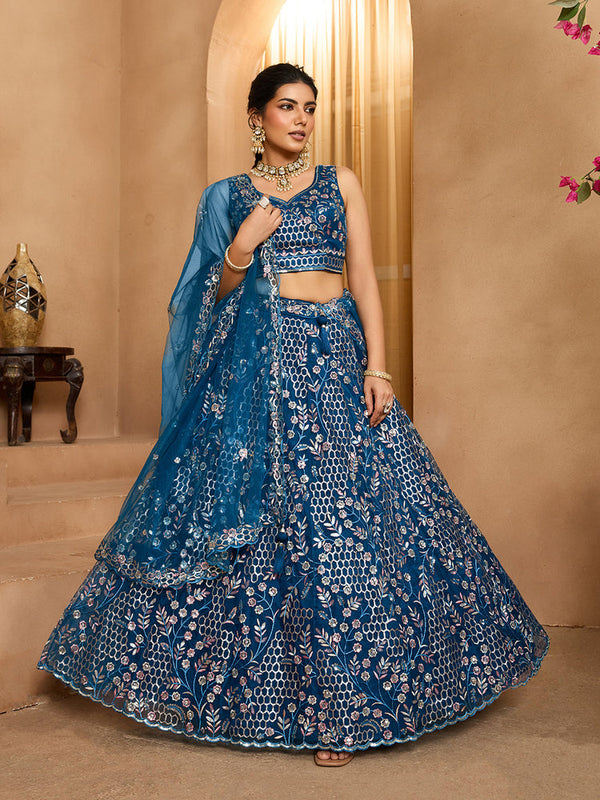 Navy Blue Net Fabric Lehenga with Sequins Work