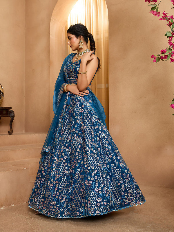 Navy Blue Net Fabric Lehenga with Sequins Work